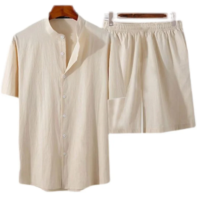 ملابس الشاطئ الصيفية للرجال طقم مكون من قطعتين من مزيج القطن ort Sve irt and orts ملابس شبابية عصرية مادة مختلطة #5
