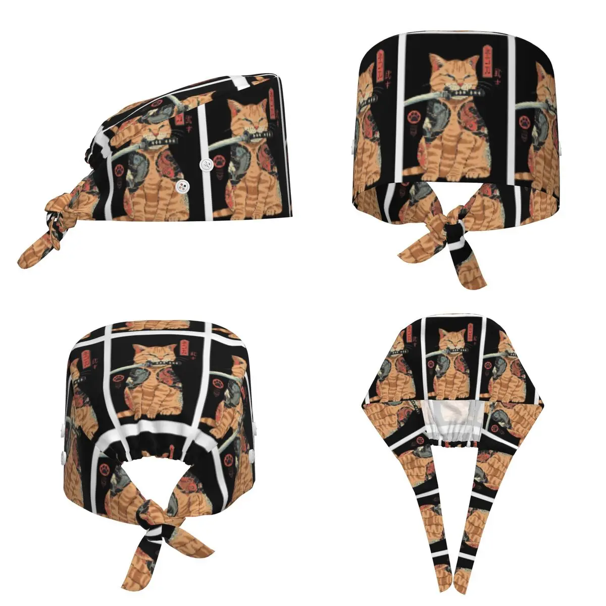 Gorro Quirúrgico Ajustable Catana Cats Retro Samurai Yakuza para Hombres y Mujeres, Gorro de Enfermería para Dentistas