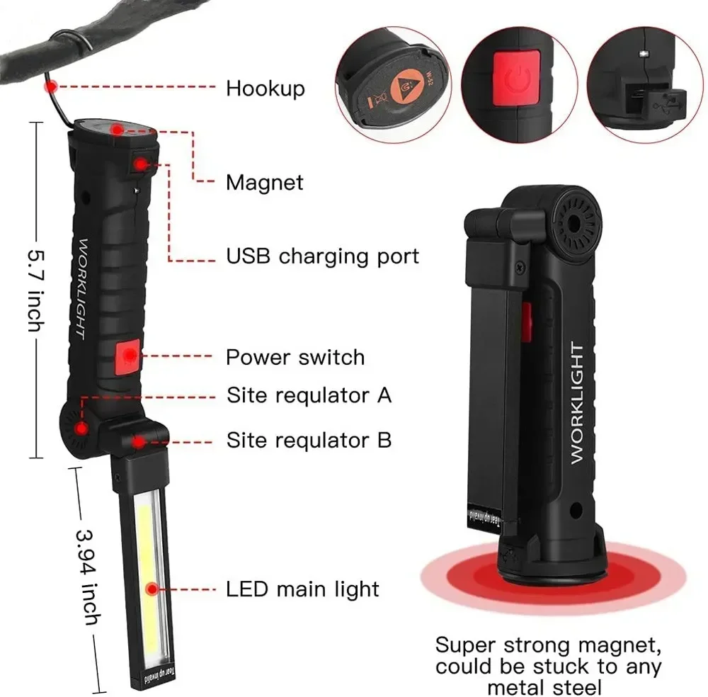 Dimmable USB recarregável LED trabalho luz, lanterna, lâmpada de inspeção, gancho magnético, banco de potência, bateria 18650, tocha, COB