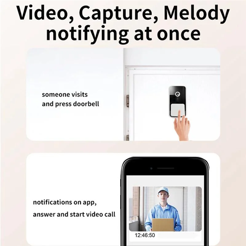 AT44-Smart Doorbell Two-Way Intercom Camera Phone Remote Video Home Protection Night Vision Bell Camera White Plastic