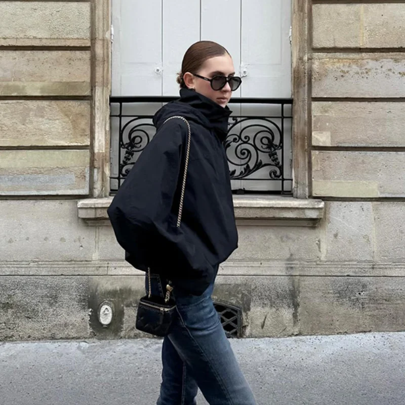 

Versatile Solid Color Coat Detachable Hat Zipper Short Coats Trendy Classic Basic Fashion Outerwear Women's Autumn Street Wear