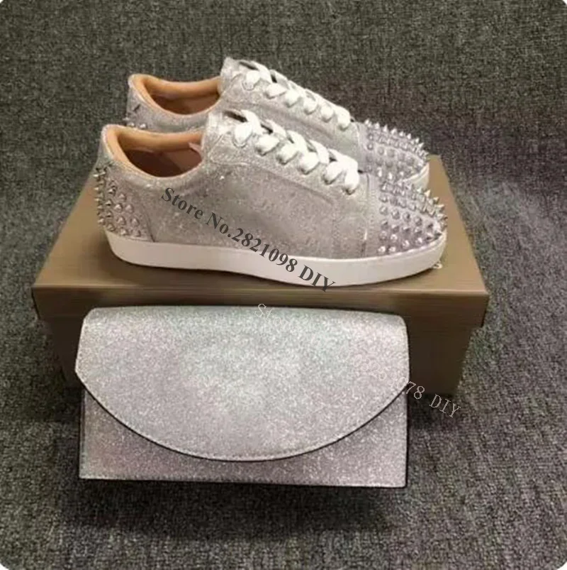 

Lace Up Silvery Flats with Mini Bag Stud Casual Shoes Men Women Clutch Crystal Sneakers Concise Couple Metallic Glitter Shoes