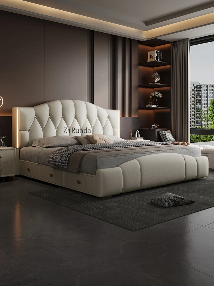 High quality king size microfiber leather bed lightweight luxury bedroom furniture upholstered bed