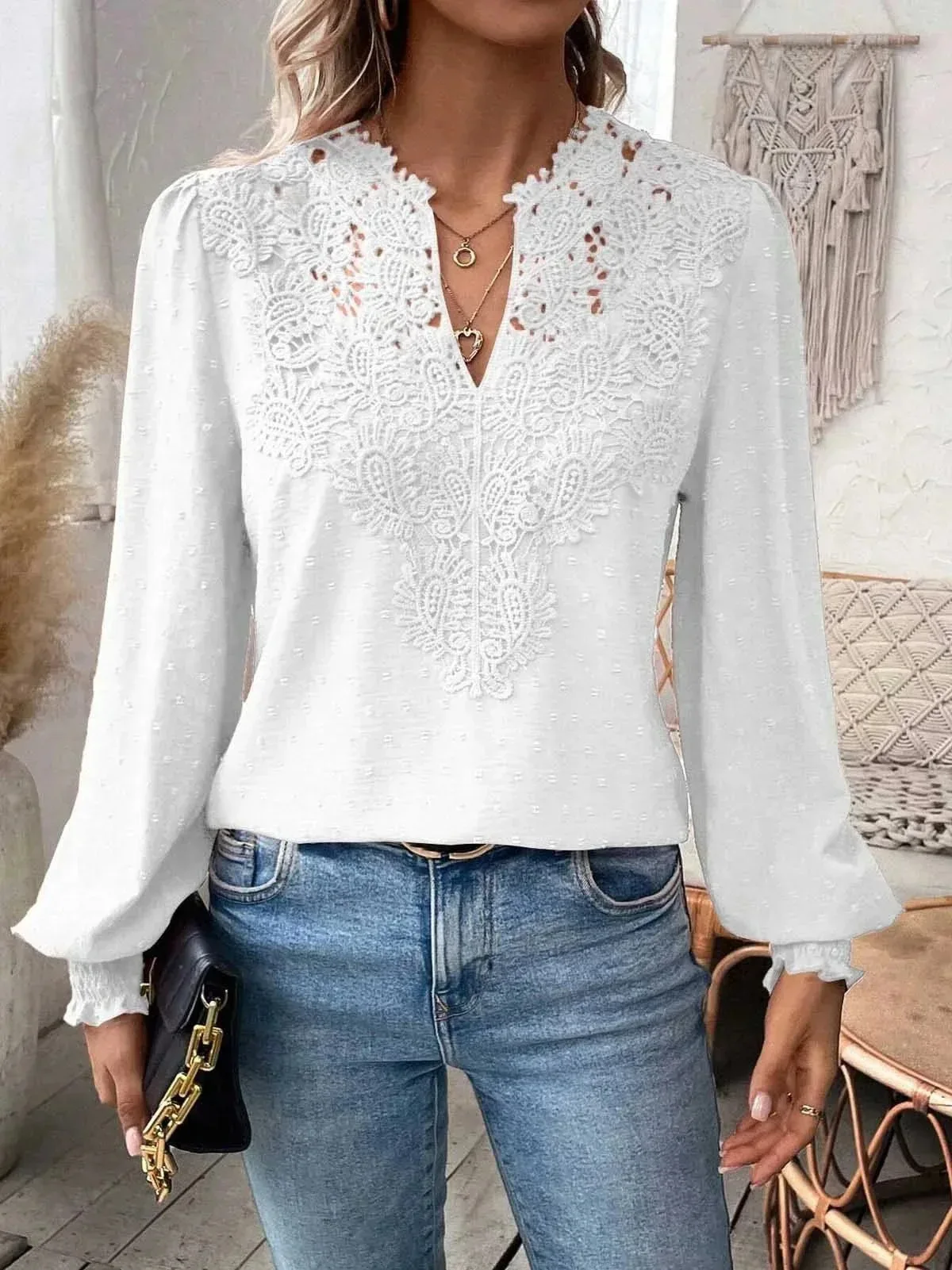 Women's Spring Autumn V-neck Lace Patchwork Long Sleeve Casual Shirts And Blouses