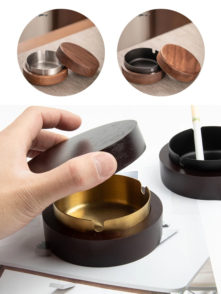 

1PC Creative Ashtrays with Lid Walnut Wood Desktop Ashtray Stainless Steel Windproof Ash Tray for Smoking Office Home Decoration