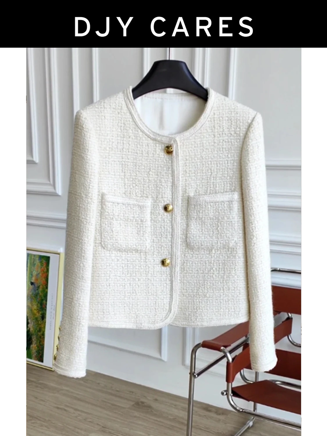 

New Coarse woolen white woven short slimming jacket for socialites commuting top big size