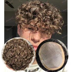 Durable Men's Toupee 100% Human Hair Fine Mono PU Base Men Wigs #4 Brown 20mm Curly Man Hair Prothesis Capillary System Pieces