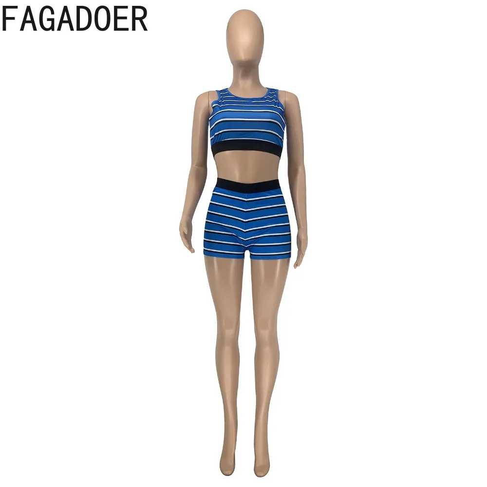 FAGADOER Summer New Stripe Print Shorts Two Piece Sets Women Round Neck Sleeveless Tank Top And Shorts Outfits Female Streetwear