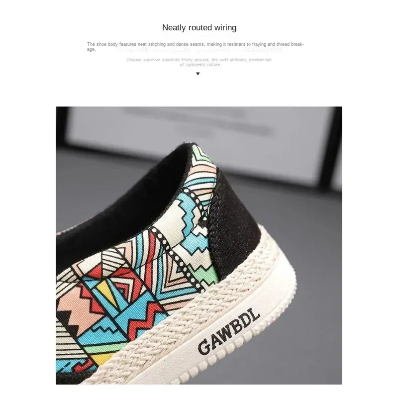 Men Slip On Canvas Espadrilles Ethnic Print 2026 Summer Breathable Handmade Straw Sole Daily Casual Walking Footwear