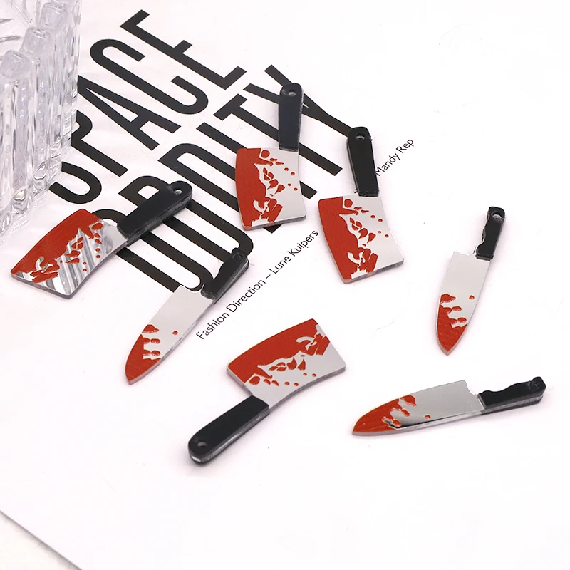 Wholesale 100pcs/pack Acrylic Charms Halloween Killer Dagger Kitchen Knife Earring Pendant Harajuku Punk Jewelry Make Accessory