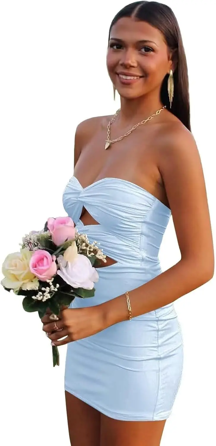 

Satin Homecoming Dresses for Teens 2025 Strapless Tight Cut Out Short Cocktail Party Dresses Above Knee , Mini Cocktail Dress