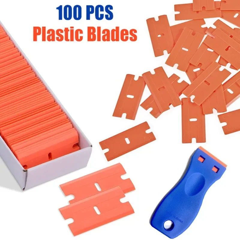 100 Pieces Two Cutting Plastic Razor Blade Label Clean Razor Glue Remover Window Glass Clean Scraper Car Wrap Sticker Squeegee