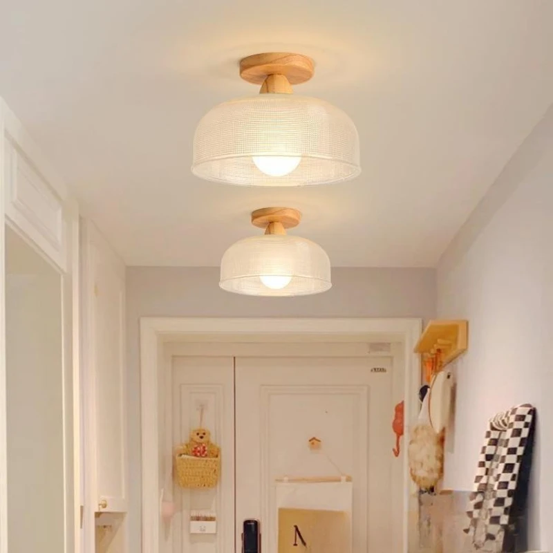 Japanese Woodcraft Glass Ceiling Light E27 Entrance Balcony Bedroom Kitchen Living Room Hallway Affordable Luxury Fixtures