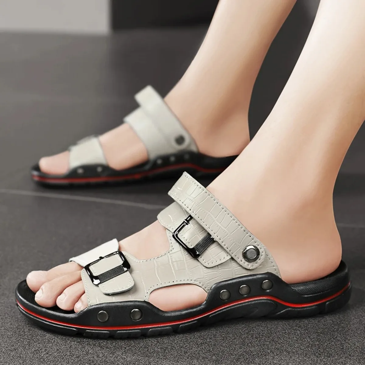 

Мужские повседневные пляжные сандалии 2-в-1, шлепанцы с крокодиловым принтом и регулируемой пряжкой, нескользящие прогулочные туфли больших размеров