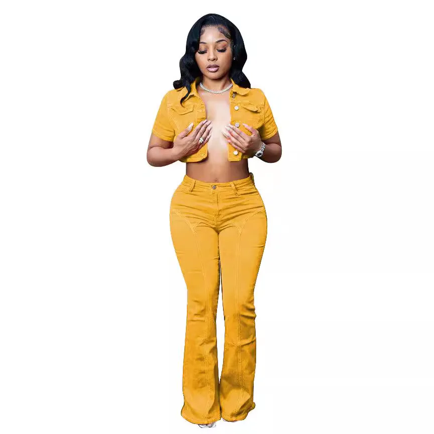   Kleine ausgestellte elastische Hose ort Sve Denim Set F8854 Frühling Sommer Damen Faion Set Lange Hosen Winterkollektion