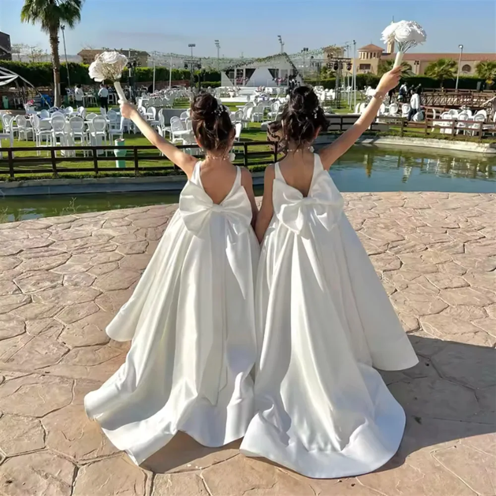 Elegancka satynowa sukienka dla dziewczynki na wesele, bez rękawów, z kokardą, sukienka dla dzieci, młodszej druhny, na przyjęcie urodzinowe, vestidos de comunión