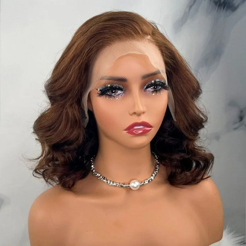Short Brown Curly Wave Brazilian  Hair Wigs L Part Lace Front Wigs Fahsion