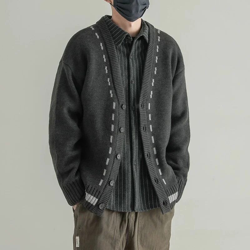 

Autumn Winter New Style V Neck Sweater Cardigan Men Casual Loose Coat Japanese Retro Trendy Korean Style Knitwear Top