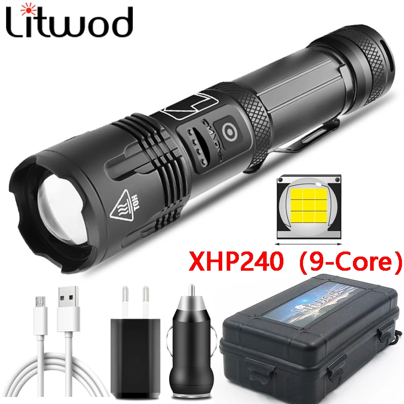 Led Flashlight Lamp Power USB Rechargeable 9-Core XHP240 Torchs 18650 or 26650 Battery Zoomable Aluminum Alloy Camping Lanterna