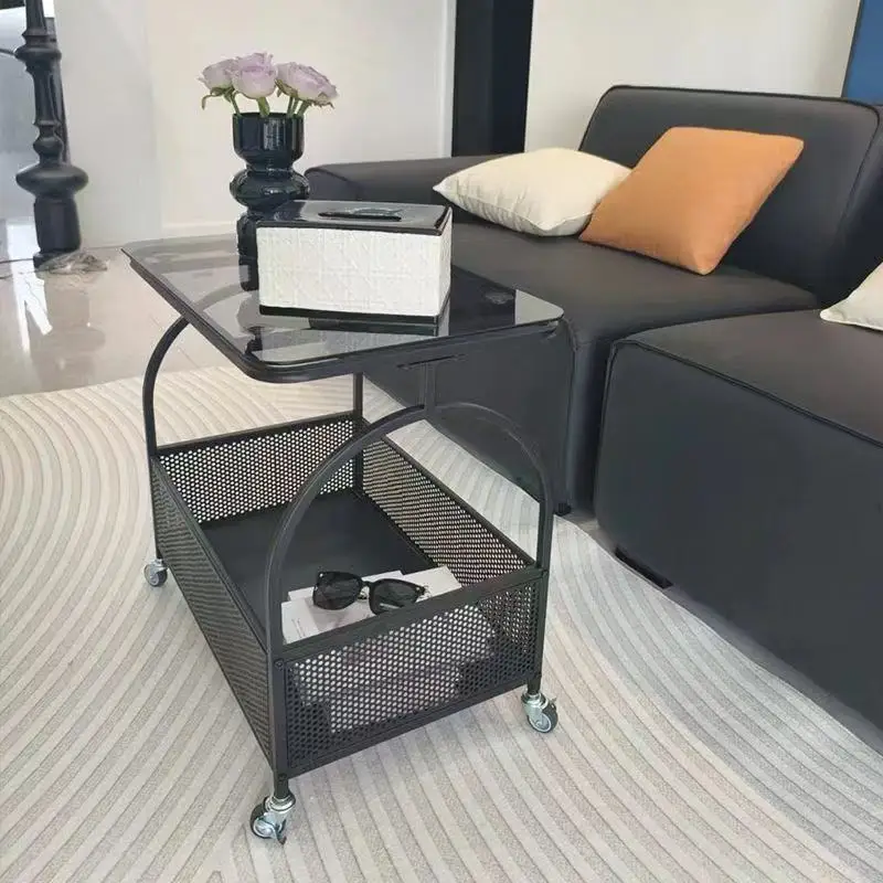 *Living Room Cream-colored Modern Side Table Sofa Side Cabinet Snack Storage Movable Coffee Tea Cart