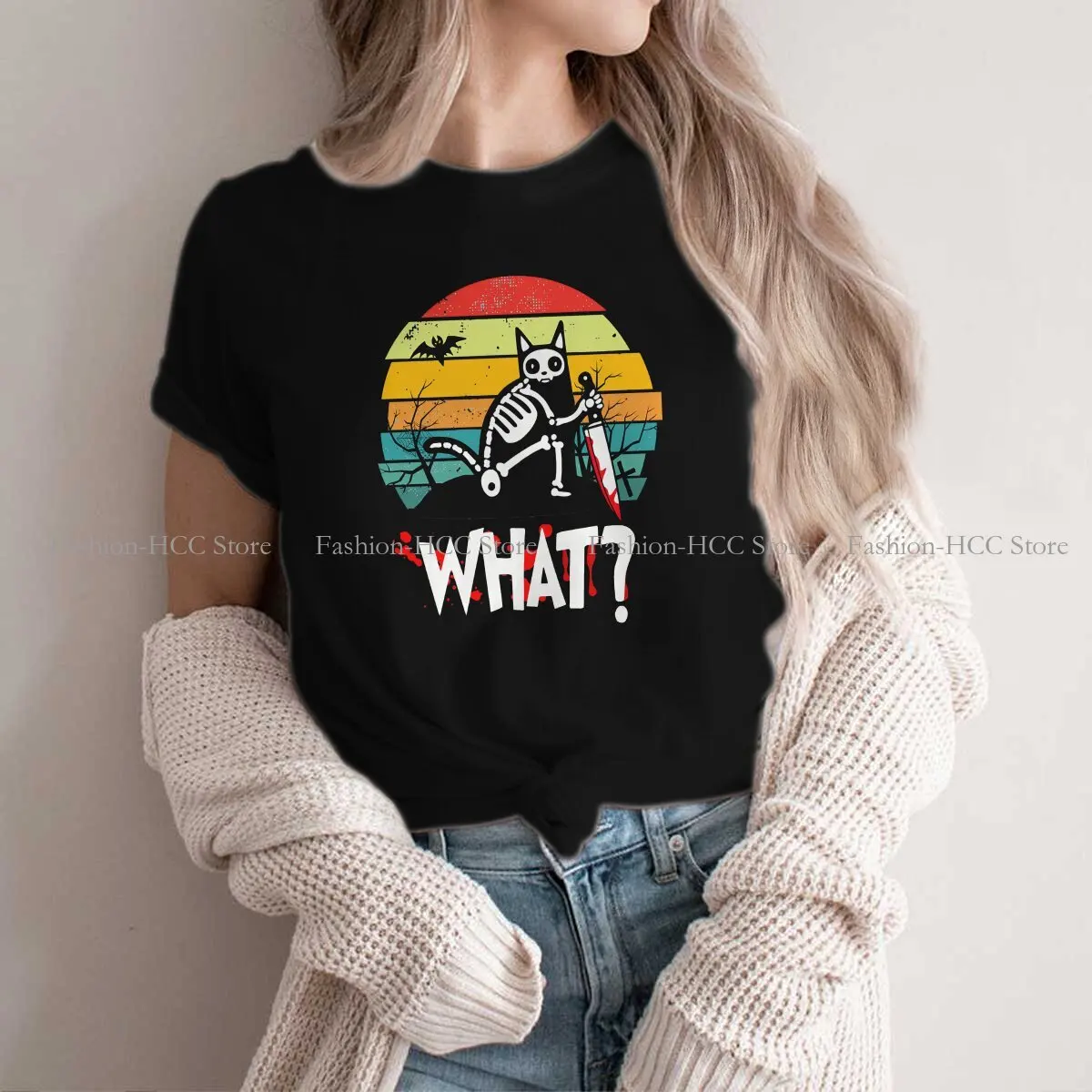 Cat What Murderous Polyester TShirts Funny  Vintage Skeleton Distinctive Homme T Shirt Hipster Clothing