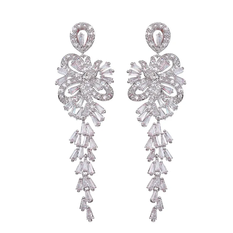 SISSLIA Zircon Full Drill Set Long Tassel Flower Earrings For women's Wedding Accessories