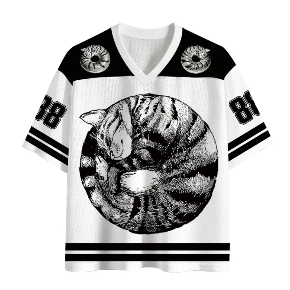 American Retro Cat 3D Print Breath Quick-Dry Men's V-Neck TShirt Outdoor Street Fashion Casual Leisure Y2K Parent-child Clothing