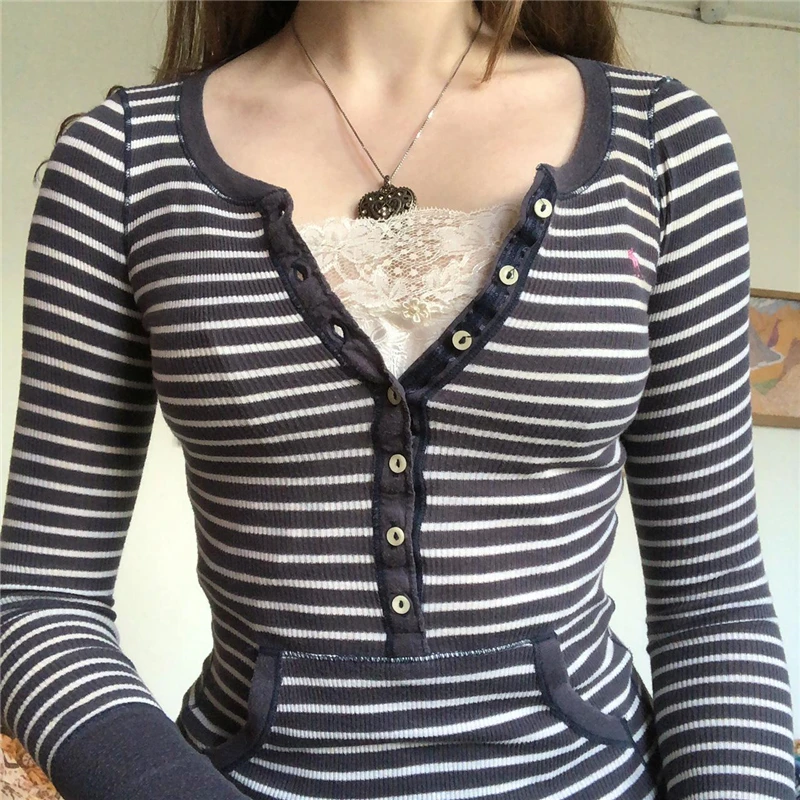Xingqing Women T Shirt y2k Aesthetic Striped Button Long Sleeve
