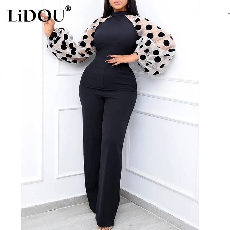 Herfst Zwarte Jumpsuits Patchwork Plus Size Stip See Through Hoge Taille Slanke Elegante Kantoor Dame Een Stuk Mode Bodysuit