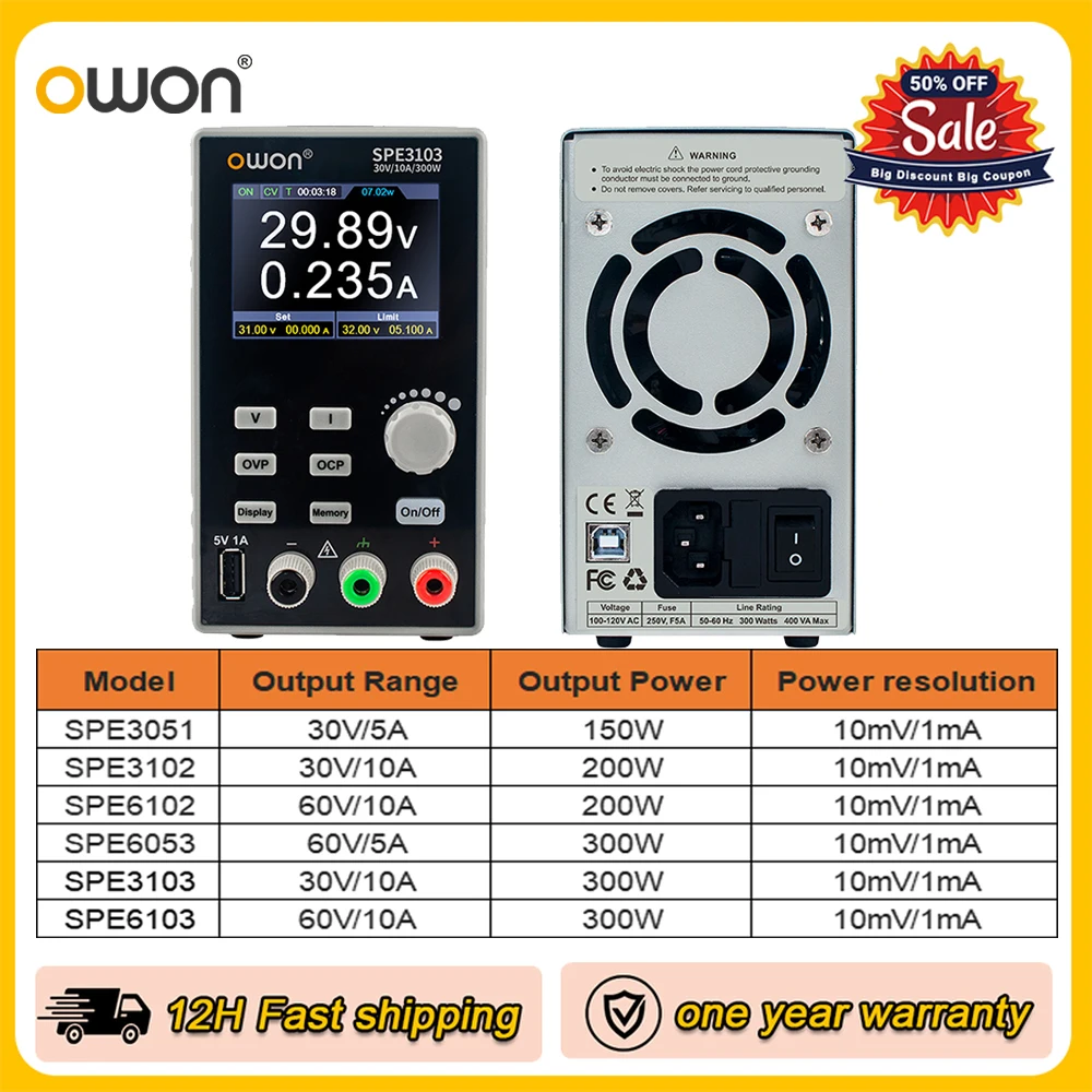 

OWON DC Power Supply 150W/300W 30V/60V 5A/10A 2.8" LCD 10mV/1mA Resolution Digital Voltage Regulator Stabilizers Switch SPE3103