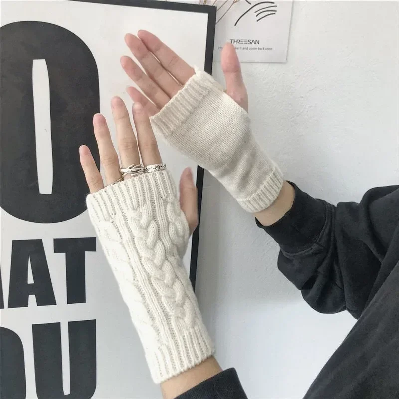 1Pair Winter Half Finger Gloves Women Girls Warm Knitted Gloves Solid Color Knitting Short Glove Punk Gothic Fingerless Mittens