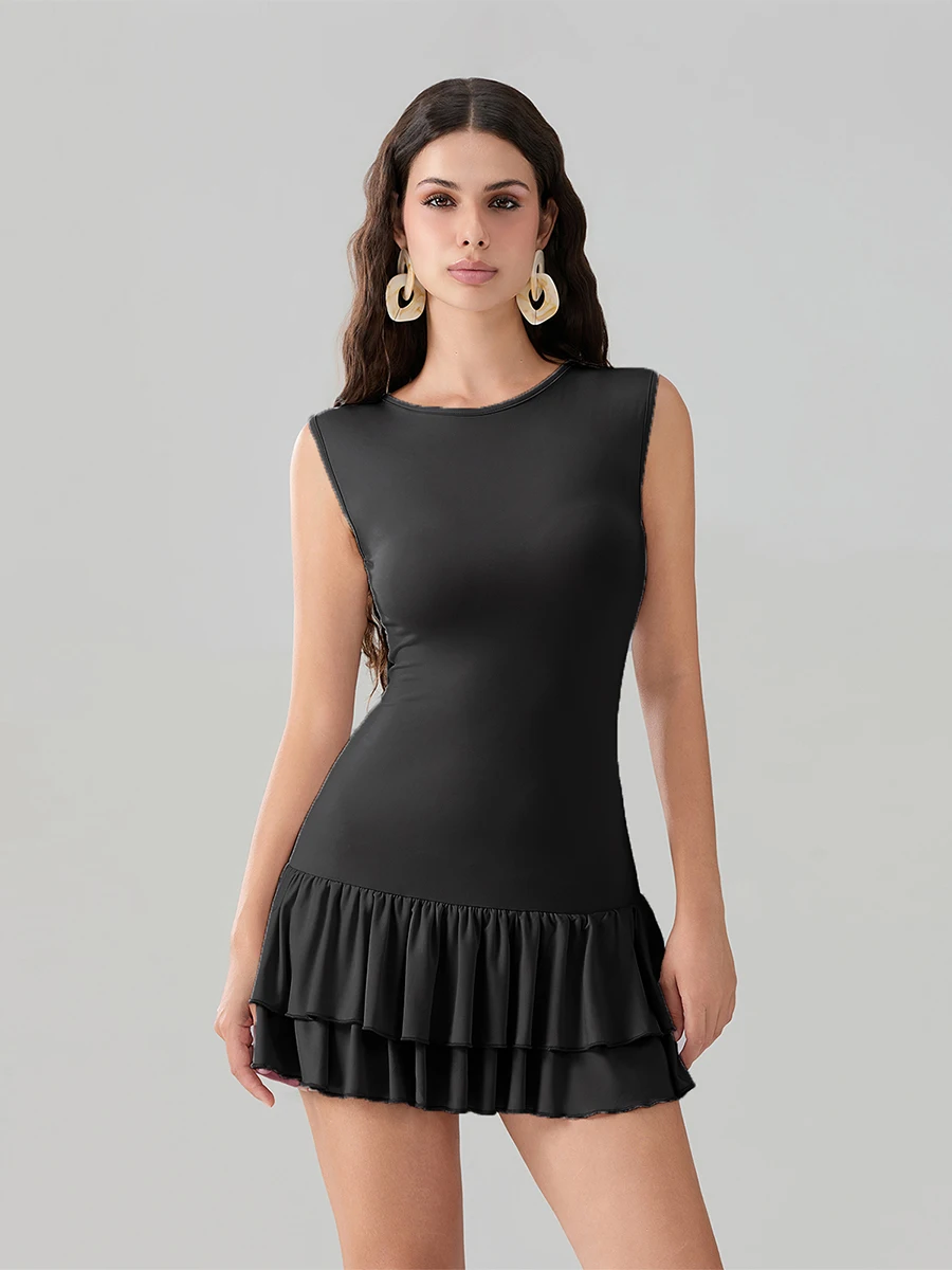 

Elegant Sleeveless Ruffled Hem Dresses Women's Summer Low Rise Tiered Tank Mini Dress Harajuku Streetwear Vestidos
