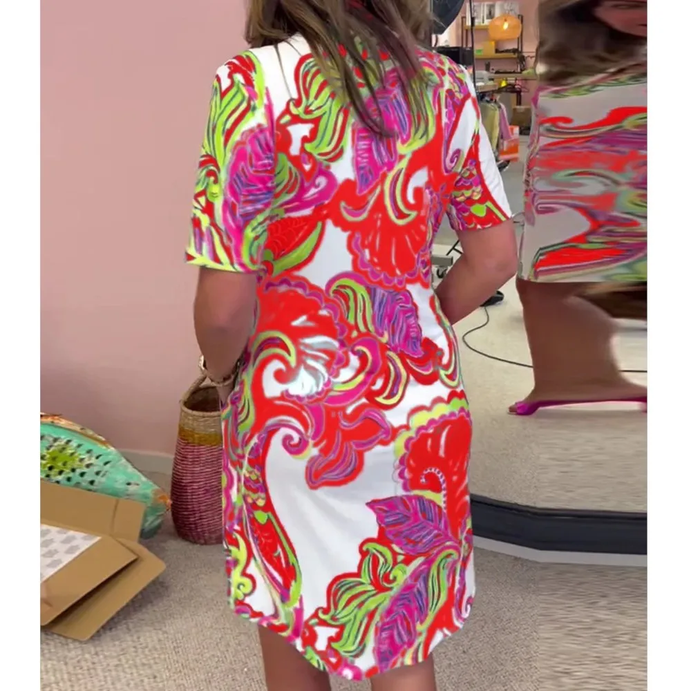 Damska letnia sukienka z nadrukiem retro 2024 Damska luźna sukienka Boho z krótkim rękawem i dekoltem w szpic Vestidos Elegantes Para Mujer Платья Летние