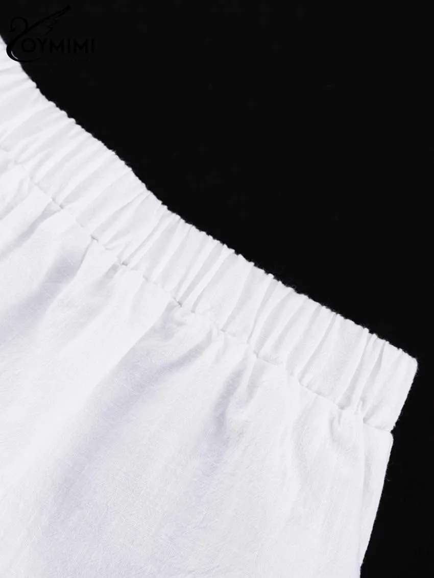 Oymimi Elegant White Cotton 2 Piece Sets Women Outfit Fashion Wrist Sleeve Lace-Up Blouse And High Waist Pleated Shorts Sets