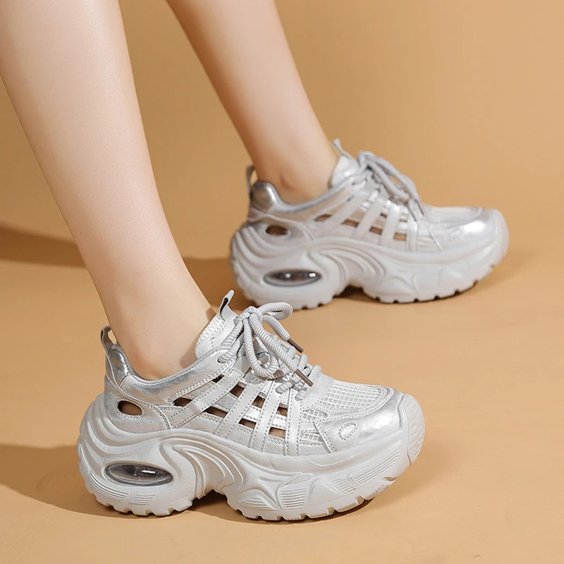 

Summer Hollow Mesh Shoes for Women Comfortable and Versatile Casual Sports Shoes Air Cushion Thick-soled Cushioned Running Shoes
