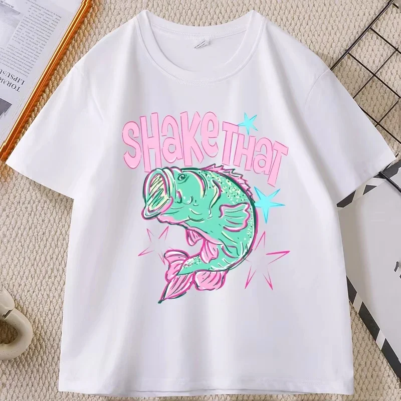 Kids Colorful Bass Fish Shake That Letter Graphic T Shirt Boys Girls Cartoon Animal Print Short Sleeve Tee Children Summer Tops