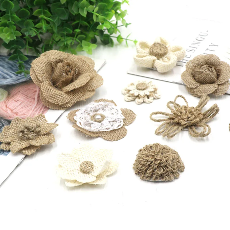 2 Pcs Handmade Jute Burlap Flowers Hessian Burlap Rose Vintage Rustic Wedding Jute Christmas Decor for Home Party DIY Supplies