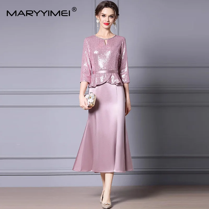 

MARYYIMEI Women's Elegant Party Solid Dress Spring O-Neck Hollow Out Three Quarter Sleeve Lace-Up Sequins Slim L-5XL Dresses