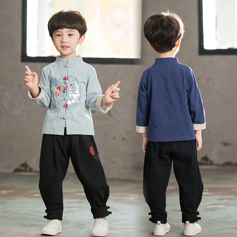 Chinese Style Boys Clothing Sets Hanfu Photo Clothes Sets Spring Autumn Suit For Girls Children Linen Kid Suit Toddler Costumes