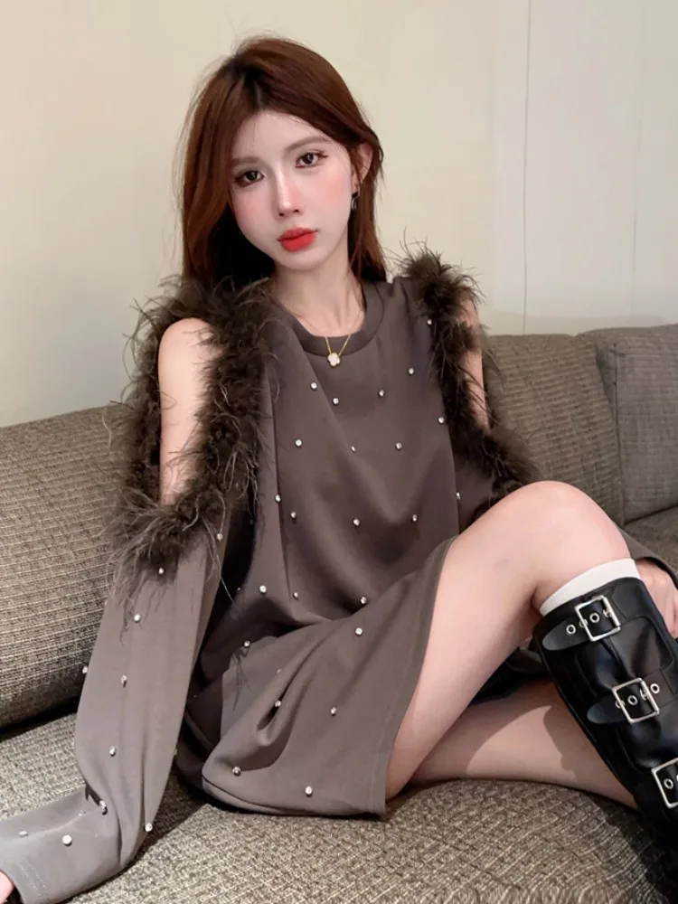 

French Style Long Sleeve Diamond Embellished Furry Short Dress Women's Autumn Fashion Design Unique Shoulder Exposure Skirt