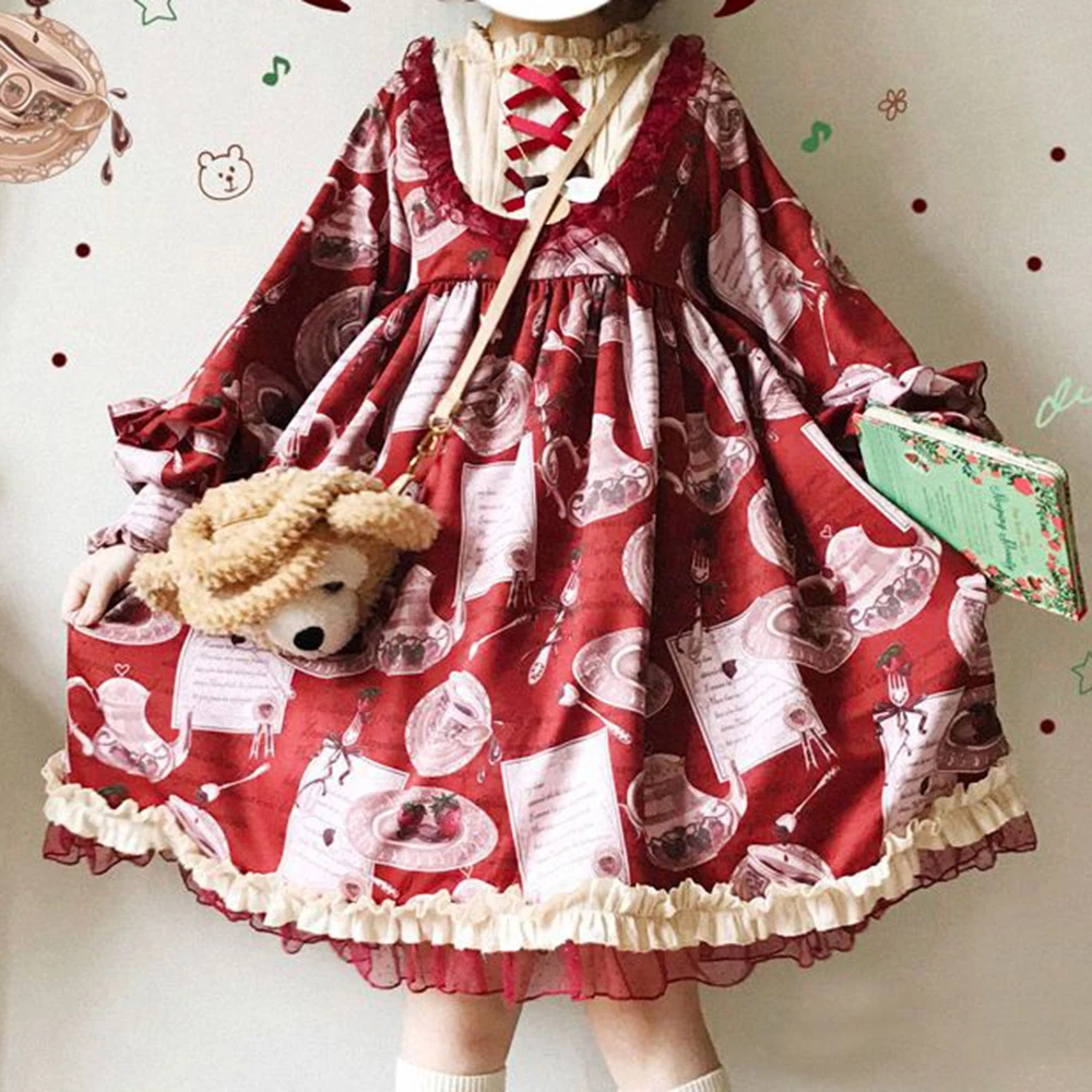 

Strawberry cutlery, vintage cross strap turtleneck print lace long sleeve op lantern sleeve Lolita dress women clothing
