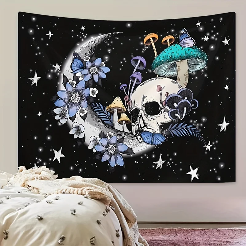 Gothic Moon Skull Mushroom Tapestry Dark Flowers Butterfly Stars Background Cloth Bedroom Room Wall Decoration Cloth