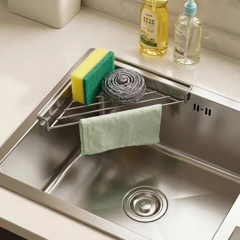 Stainless Steel Triangle Sink Caddy Rack Kitchen Sponge Dishcloth Drain Holder Space Saving Sink Edge Storage Organizer