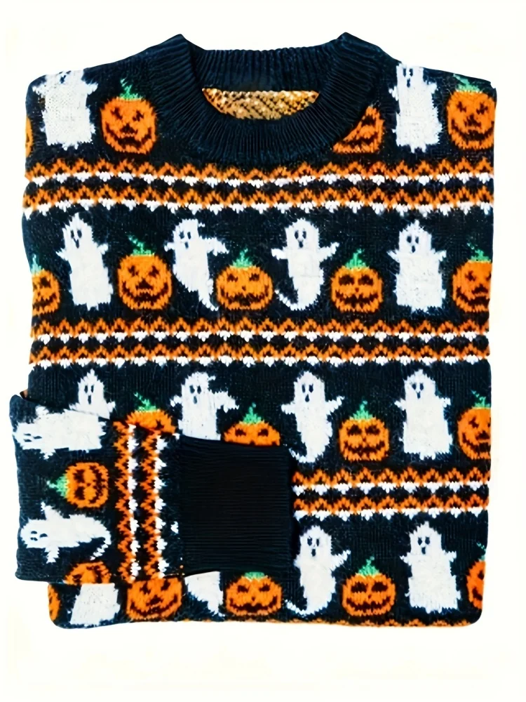 2024 sweter damski Halloween gotycki nadruk w dynię kobiecy elegancki modny sweter jesienno-zimowy ciepły sweter z dzianiny