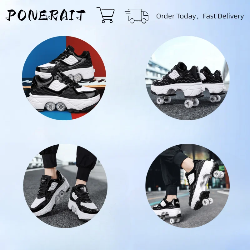 2024 New Fashion Deformation Parkour Outdoor Kids Portable Spin Button Deformation Roller Withwheels Women\'S Casual Sneakers