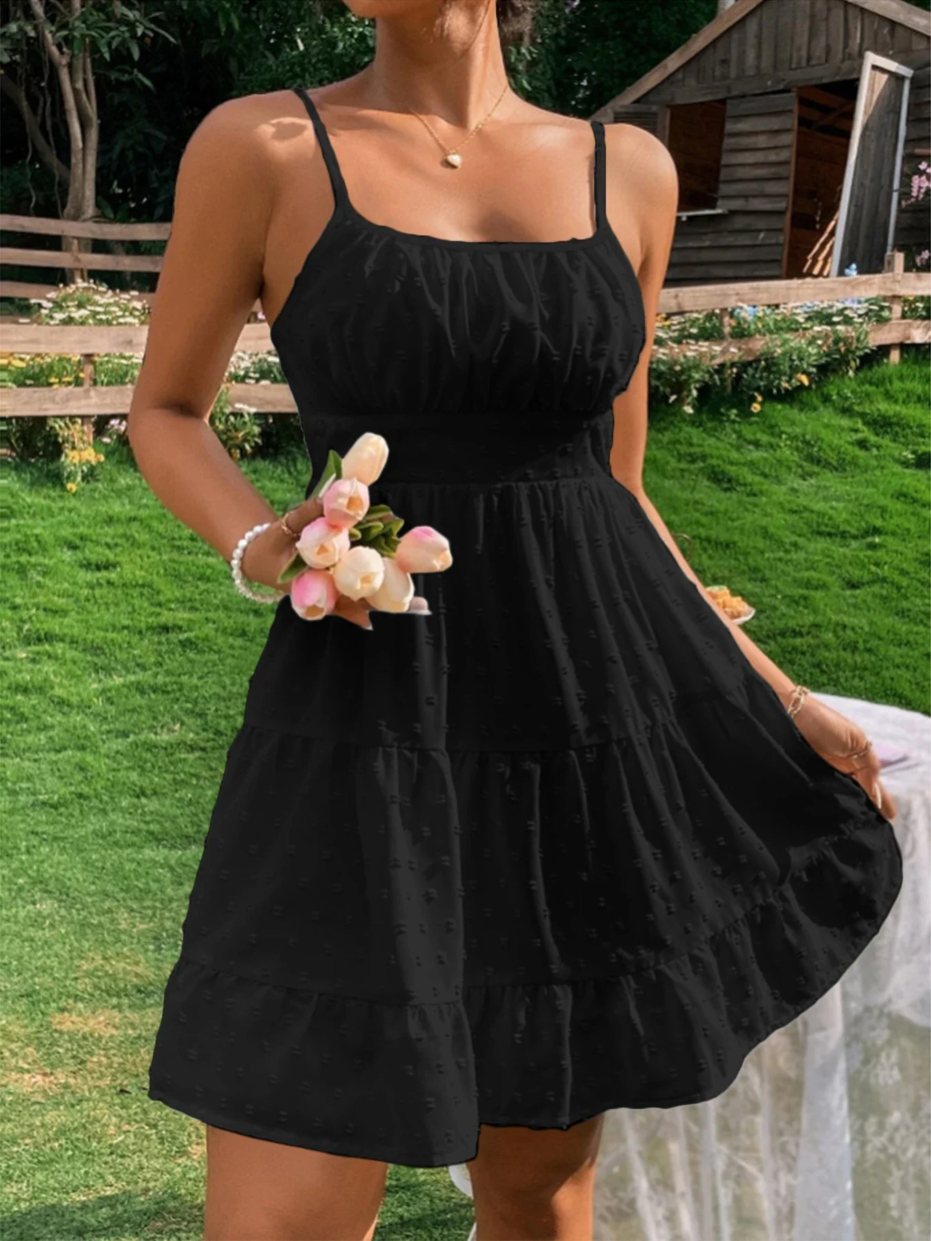 เดรสสายเดี่ยวสีพื้นแต่งระบายรัดเอวเซ็กซี่สำหรับผู้หญิงช่วงฤดูร้อน