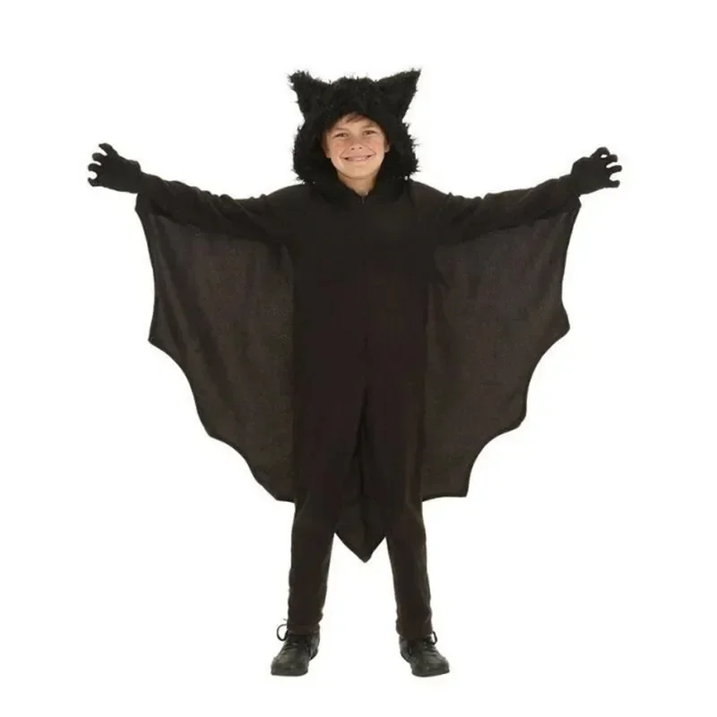Bat Vampire Hooded Costume Halloween Anime Black Bat Deluxe Jumpsuit for Kids Games Cosplay Carnival Gloves Clothes