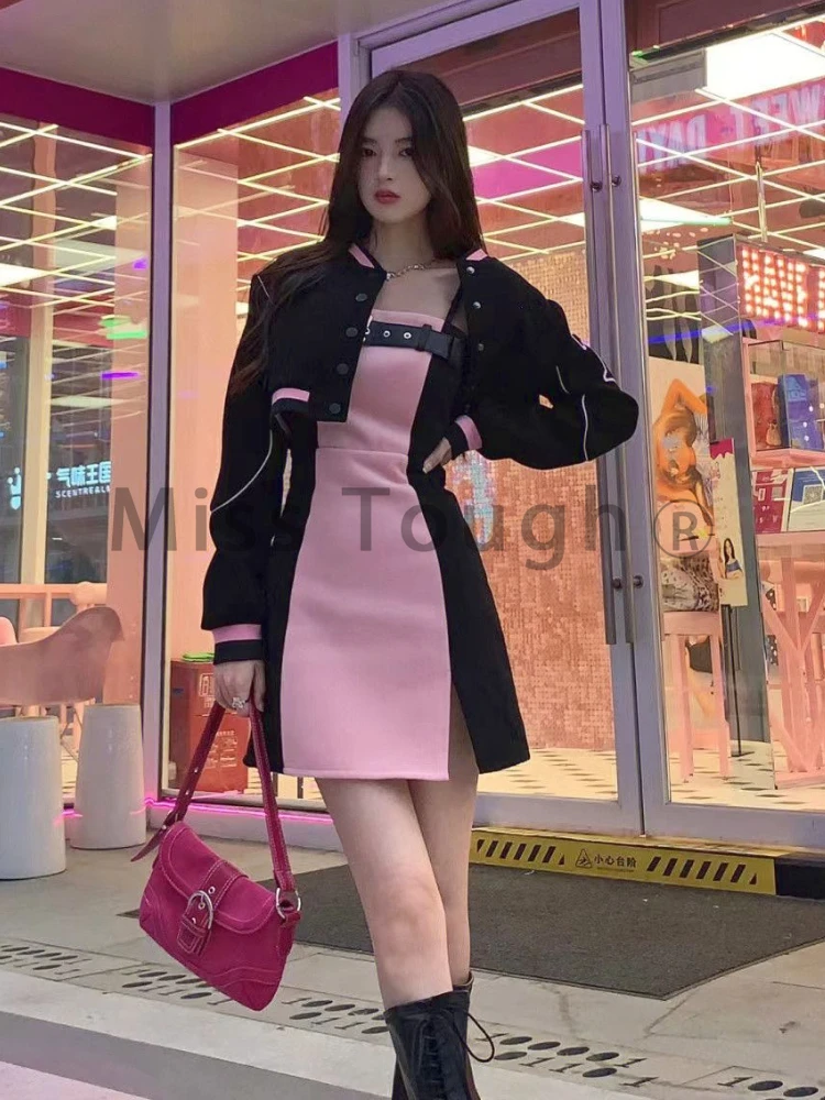 Winter Kawaii Sweet Two Piece Set Women Sports Jacket + Elegant Mini Dress Female Korean Fashion High Street Y2k Dress Set 2023