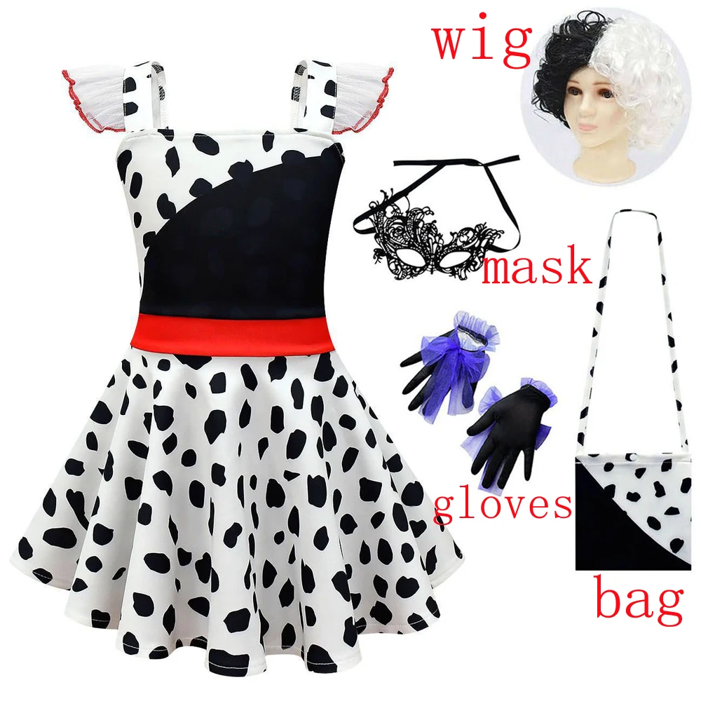Película Cruella De Vil 101 vestidos para niñas disfraz De Cruella disfraz De bruja gótica para niñas pelucas trajes De fiesta De Carnaval De Halloween