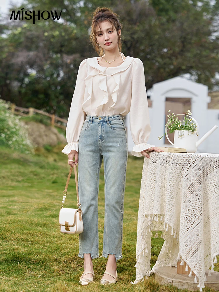 MISHOW High Waist Thin Jeans for Women Spring Summer Cotton Elastic Light Denim Distressed Cropped Straight Leg Pants MXD13K0534